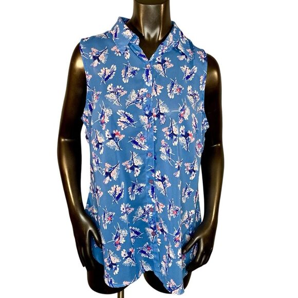 Attention Blue Floral Sleeveless Blouse Womens Size Large Lightweight Semi Sheer - Picture 1 of 6